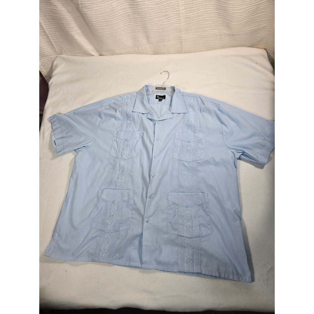 Omega Collection Mens Guayabera Shirt Light Blue Embroidered Short Sleeve 4XL 20